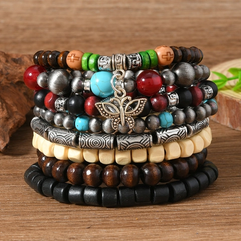 Bohemian Multilayer Wood Bead Bracelet Vintage Alloy Butterfly Charm Elastic Beaded Bracelet Handmade Jewelry Women