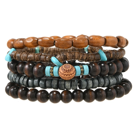 Bracciale a Perline Vintage Bohémien Set per Uomo Donna Fatto a Mano Multistrato in Legno Guscio di Cocco Turchese Artificiale Gioielli Elastici