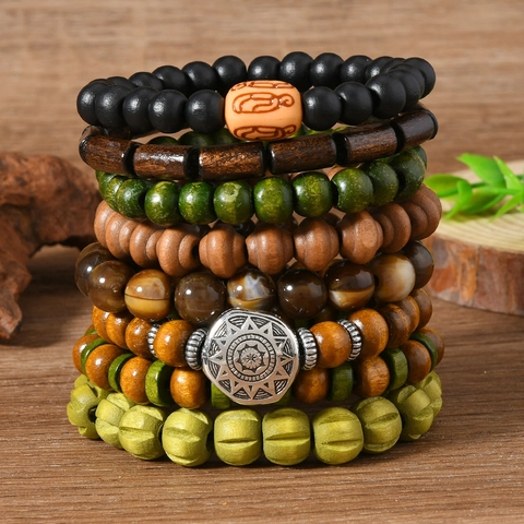 Vintage Mehrschichtiges Handgefertigtes Holzperlen Armband Set Für Herren Damen Boho Elastisch Kürbisform Holzschmuck