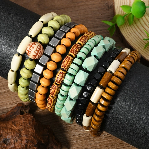 Bohemian Ethnic Vintage Handmade Wood Bead Multi-layer Elastic Beaded Wristband Fashion Jewelry Bracelet For Men Women