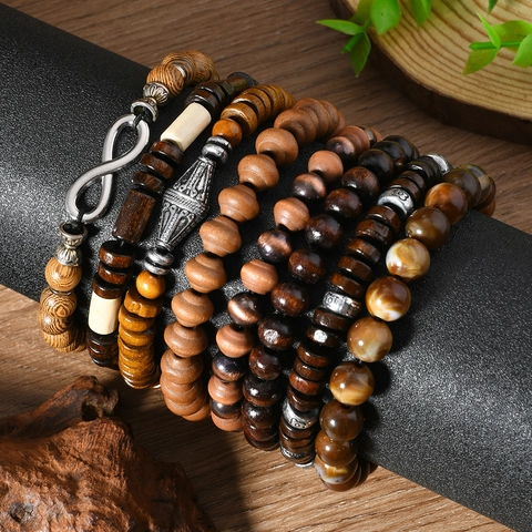 Vintage Wood Bead Bracelet Set For Men Women Bohemian Handmade Elastic String Infinity Charm Ethnic Multi Layer Bead Bracelets