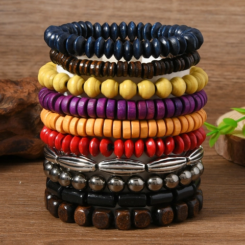Bohemian Vintage Wooden Beaded Bracelet For Men Women Handmade Ethnic Layered Beaded Jewelry Multilayer Fashion Hand Accessory