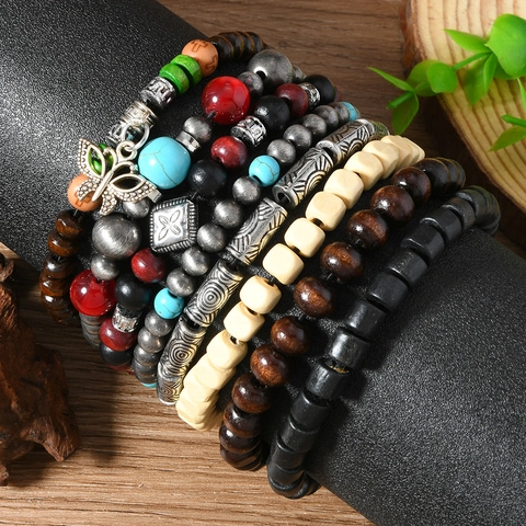 Bohemian Multilayer Wood Bead Bracelet Vintage Alloy Butterfly Charm Elastic Beaded Bracelet Handmade Jewelry Women