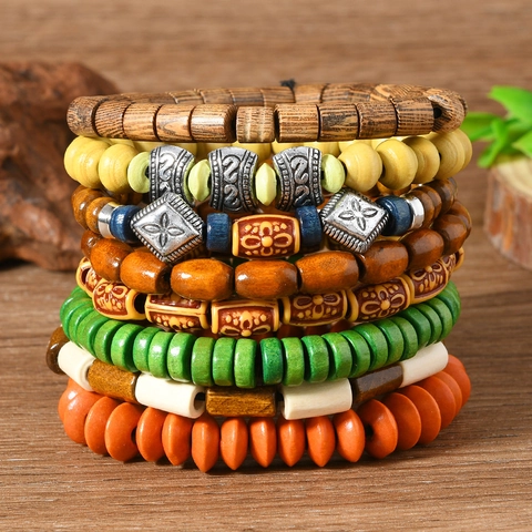 Bohemian Wood Bead Bracelet Set For Women Men Handmade Ethnic Vintage Stacking Elastic Beaded Bracelets Jewelry Gift