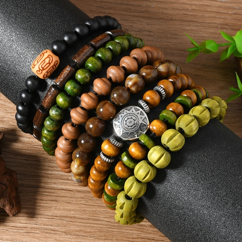 Vintage Mehrschichtiges Handgefertigtes Holzperlen Armband Set Für Herren Damen Boho Elastisch Kürbisform Holzschmuck