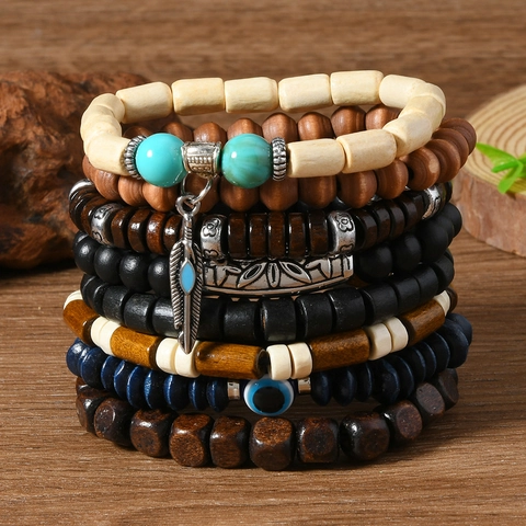 Bohemian Vintage Wood Bead Feather Bracelet Set Handmade Multilayer Evil Eye Turquoise Beaded Bracelet For Men Women Ethnic Jewelry
