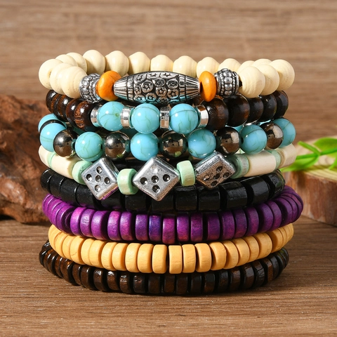 Boheems Vintage Gelaagde Houten Kralen Armbanden Handgemaakte Etnische Legering Bedels Rekbare Polsbandjes Voor Dames Heren Sieraden