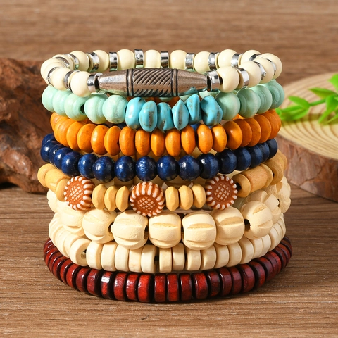 8Pcs Bohemian Multi-Layer Stackable Beaded Bracelet Set For Men Women Vintage Wood Stone Alloy Flower Charm Stretch Bracelets Ethnic Jewelry