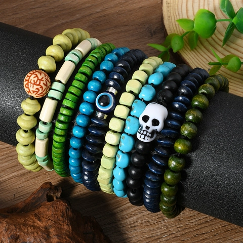 Juego de Pulseras Bohemias Hechas a Mano de Cuentas de Madera Cráneo Mal de Ojo para Hombres Mujeres Etnico Punk Pulsera Elástica Joyería