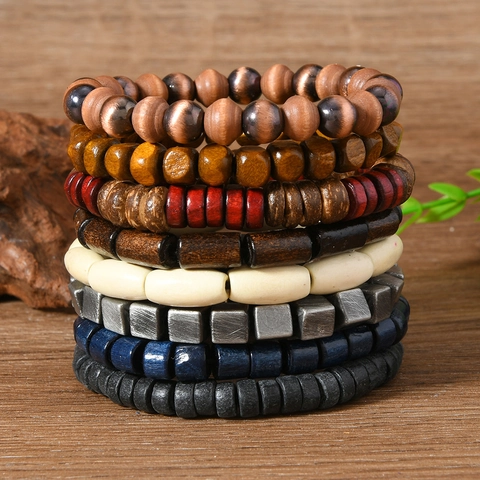 Retro Bohemian Wood Bead Multilayer Elastic Bracelet For Men Women Handmade Beaded Bangle Ethnic Style Fashion Wristband Jewelry