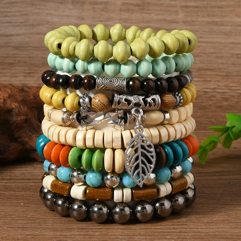 Bohemian Multilayer Wood Beaded Bracelets For Men Women Handmade Leaf Pendant Alloy Charm Ethnic Vintage Jewelry Multicolor