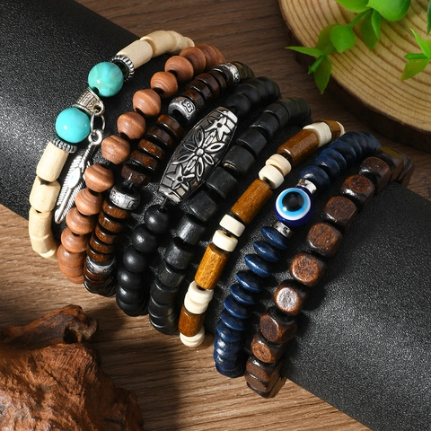 Bohemian Vintage Wood Bead Feather Bracelet Set Handmade Multilayer Evil Eye Turquoise Beaded Bracelet For Men Women Ethnic Jewelry