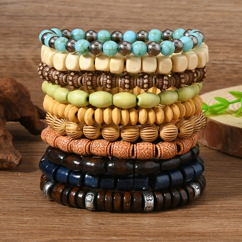 Bohemian Wood Beaded Bracelet Multilayer Ethnic Tribal Style Vintage Jewelry For Men Women Couple Daily Wear