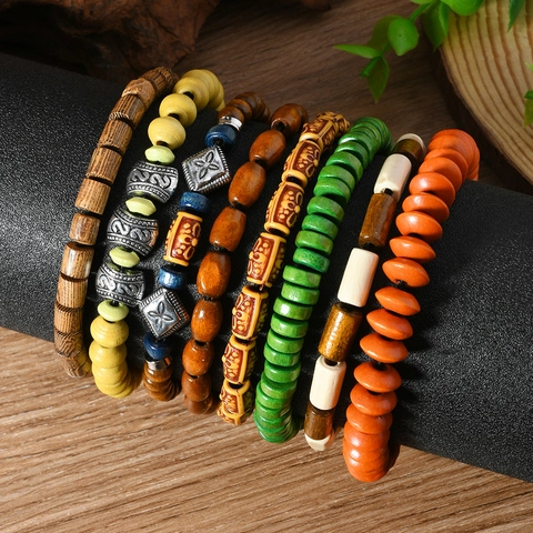 Bohemian Wood Bead Bracelet Set For Women Men Handmade Ethnic Vintage Stacking Elastic Beaded Bracelets Jewelry Gift