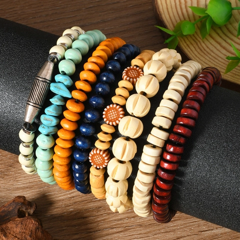 8Pcs Bohemian Multi-Layer Stackable Beaded Bracelet Set For Men Women Vintage Wood Stone Alloy Flower Charm Stretch Bracelets Ethnic Jewelry