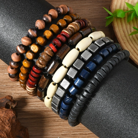 Retro Bohemian Wood Bead Multilayer Elastic Bracelet For Men Women Handmade Beaded Bangle Ethnic Style Fashion Wristband Jewelry
