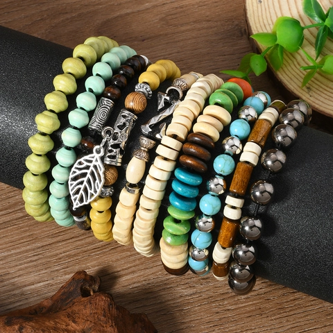 Bohemian Multilayer Wood Beaded Bracelets For Men Women Handmade Leaf Pendant Alloy Charm Ethnic Vintage Jewelry Multicolor