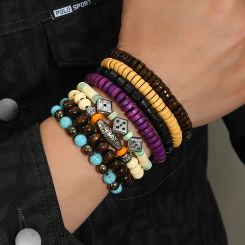 Boheems Vintage Gelaagde Houten Kralen Armbanden Handgemaakte Etnische Legering Bedels Rekbare Polsbandjes Voor Dames Heren Sieraden