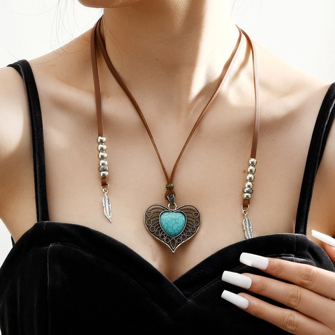 Bohemian Vintage Herz Anhänger Halskette Kunstlederschnur Legierung Feder Anhänger Türkis Stil Für Damen Schmuck