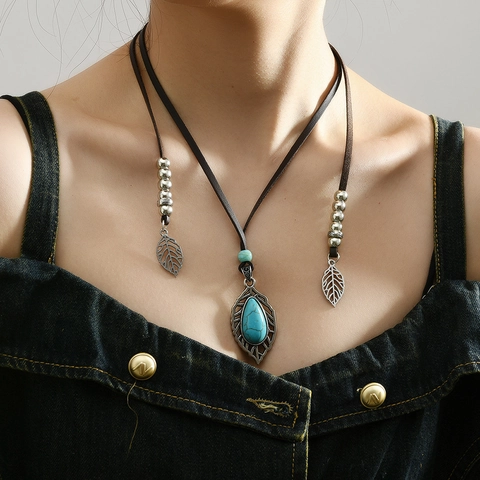 Böhmische Ethnische Türkis Blatt Anhänger Kunstleder Halskette Für Damen Vintage Handgefertigte Verstellbare Lange Kette Modeschmuck