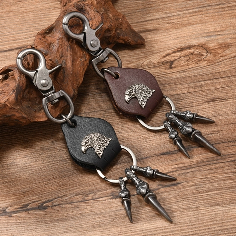 Vintage Punk Eagle Head Cowhide Keychain Retro Zinc Alloy Claw Pendant Backpack Charm Rock Style Accessory For Men Women
