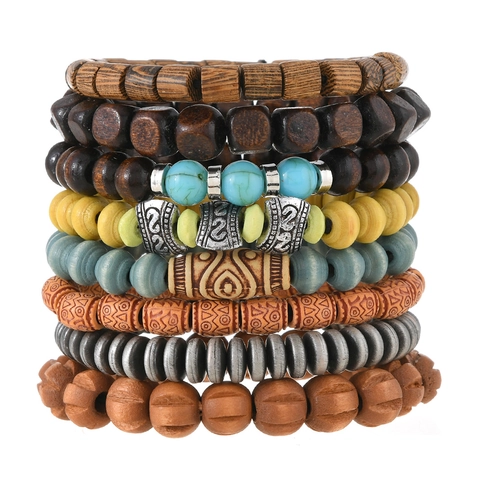 Vintage Wood Beaded Bracelets For Men Handmade Multilayer Elastic Tribal Ethnic Bohemian Style Jewelry Assorted Designs
