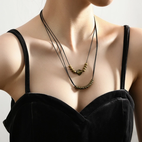 Vintage Ethnisch Doppellagig Kordel Halskette Antikbronze Gehämmerte Metallrohr Anhänger Einstellbar Boho Damen Schmuck