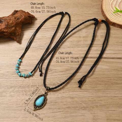 Collana con Pendente a Foglia di Turchese Bohemièn Vintage Set Lega di Zinco Turchese Artificiale Cordino Regolabile