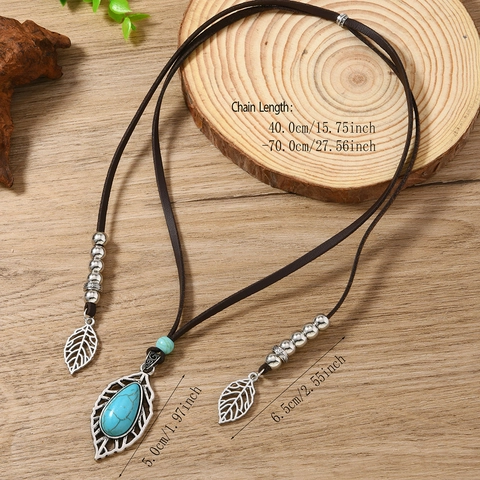 Böhmische Ethnische Türkis Blatt Anhänger Kunstleder Halskette Für Damen Vintage Handgefertigte Verstellbare Lange Kette Modeschmuck