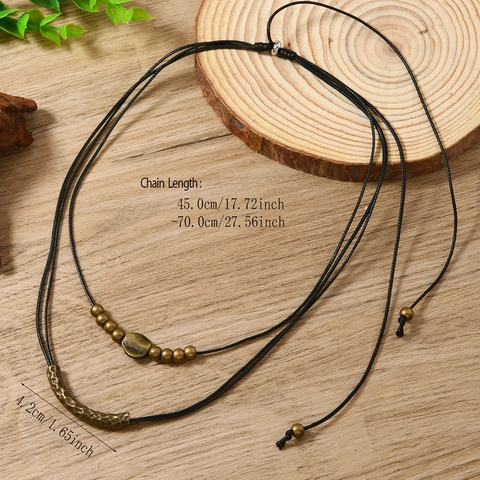 Vintage Ethnisch Doppellagig Kordel Halskette Antikbronze Gehämmerte Metallrohr Anhänger Einstellbar Boho Damen Schmuck