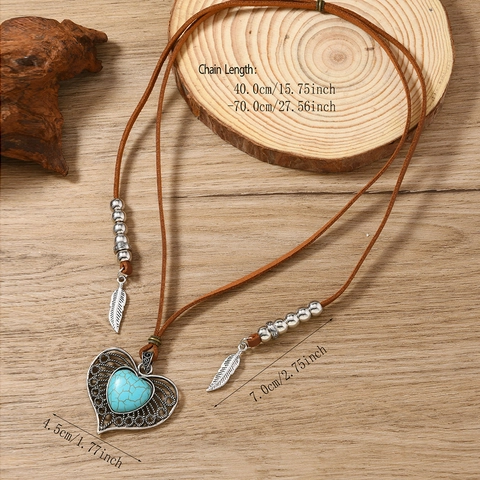 Bohemian Vintage Herz Anhänger Halskette Kunstlederschnur Legierung Feder Anhänger Türkis Stil Für Damen Schmuck