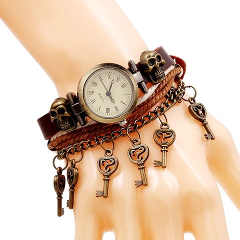 Reloj de Pulsera de Cuero Vintage Punk Números Romanos Reloj de Cuarzo Con Colgantes de Calavera Llave Joyas de Bronce Mujer Hombre