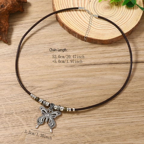 Collana con Ciondolo a Farfalla Vintage Bohemian da Donna Cordino in Pelle di Vacca Marrone Retrò Gioielli in Lega di Zinco Festa