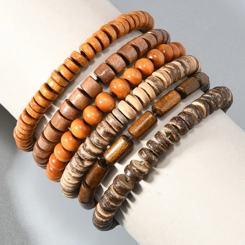 Set de Pulseras de Cuentas de Madera Hechas a Mano para Hombre Retro Multicapa Madera Cáscara de Coco Elástica Joyería Étnica