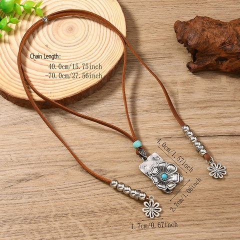 Boho Türkis Blume Anhänger Halskette Für Damen Vintage Ethnisch Antik Silber Zinklegierung Kunstleder Seilkette Halskette Schmuck Geschenk