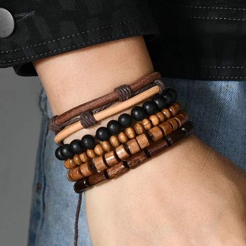 Bracciale Vintage Multistrato in Grani di Legno Intrecciato a Mano Stile Etnico Boho Corda Elastica Gioielli Unisex