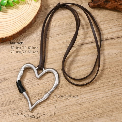 Collar con Colgante de Corazón Grande Vintage Aleación de Zinc Cordón de Cuero Joyería Étnica Bohemia Accesorios Mujer