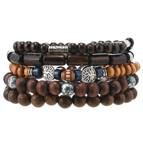 Retro Holzperlen Mehrlagiges Armband Set Mit Lebensbaum Anhänger Elastischer Handschmuck Für Damen Herren Ethno-Stil Accessoire