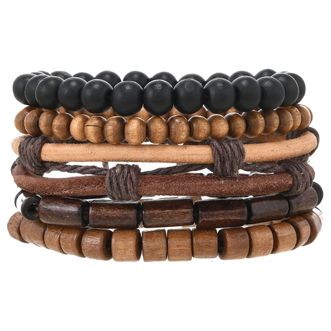 Bracciale Vintage Multistrato in Grani di Legno Intrecciato a Mano Stile Etnico Boho Corda Elastica Gioielli Unisex