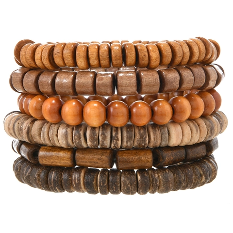 Set de Pulseras de Cuentas de Madera Hechas a Mano para Hombre Retro Multicapa Madera Cáscara de Coco Elástica Joyería Étnica
