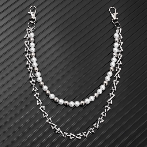Cadena de Cintura de Doble Capa Punk Hip Hop para Mujer Aleación de Plata Metal Cadena de Pantalones Con Perla Artificial