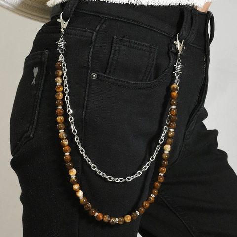 Catena in Vita a Doppio Strato Punk Hip Hop Maglia in Lega di Metallo Perline Artificiali Strass Catena per Pantaloni Jeans Unisex