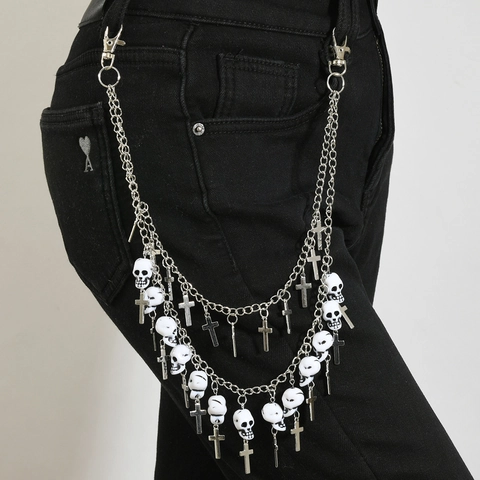 Punk Gothic Meerlaagse Taille Ketting Zilver Legering Schedel Kruis Hanger Broek Jeansketing Riem Sieraden Voor Mannen Vrouwen Halloween
