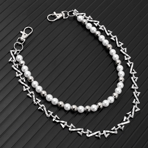 Cadena de Cintura de Doble Capa Punk Hip Hop para Mujer Aleación de Plata Metal Cadena de Pantalones Con Perla Artificial