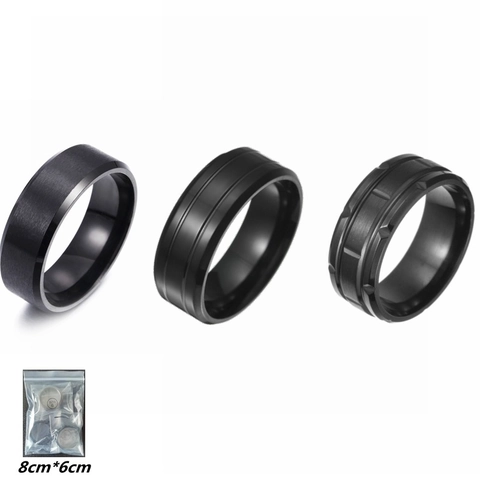 Anillo de Acero de Titanio Negro Mate Plata para Hombre Trio Minimalista Industrial Cepillado Doble Ranura Alianza de Boda