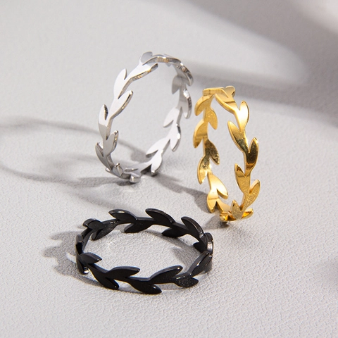 Modischer Titanstahl Ring In Blattform Mit Hohlem Olivenzweig Design Gold Silber Schwarz Damen Minimalistischer Schmuck