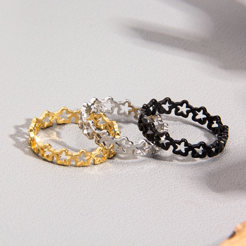 Anello al Titanio con Intaglio a Stella per Donna Stile Coreano Minimalista Galvanico Geometrico Oro Argento Nero Anello
