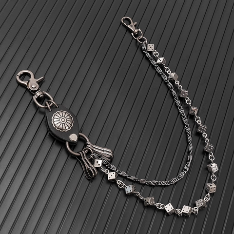 Punk Hip Hop Double Layer Pants Chain With Dice Charms Genuine Leather Sunflower Concho Alloy Metal Waist Chain For Jeans