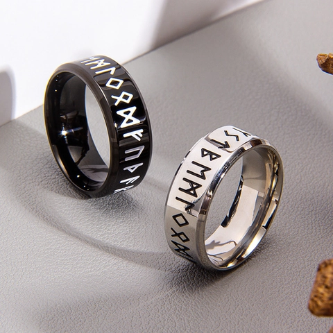 Anillo de Acero Inoxidable de Runas Vikingas Nórdicas Vintage para Hombre Negro Plata Grabado Tótem de Runas Pulido Joyería