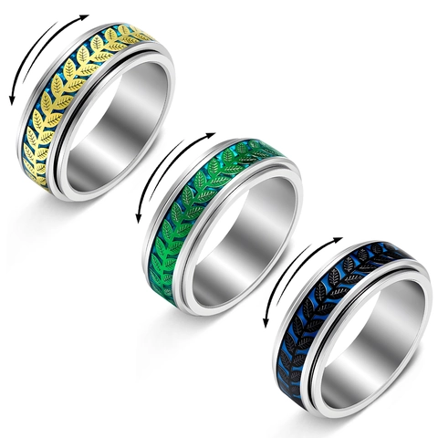 304 Stainless Steel Spinning Fidget Ring For Men Women Rotatable Olive Leaf Anxiety Relief Band Ring Fashion Jewelry